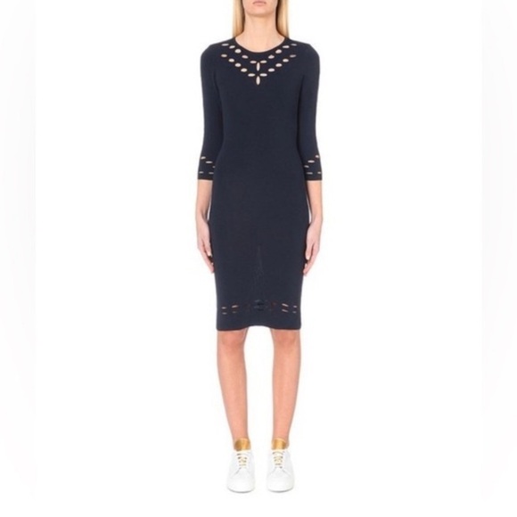 Maje || Slit Detail Knit Dress Stretch Bodycon Pencil Cutout Navy Size 1 US S - Picture 1 of 10